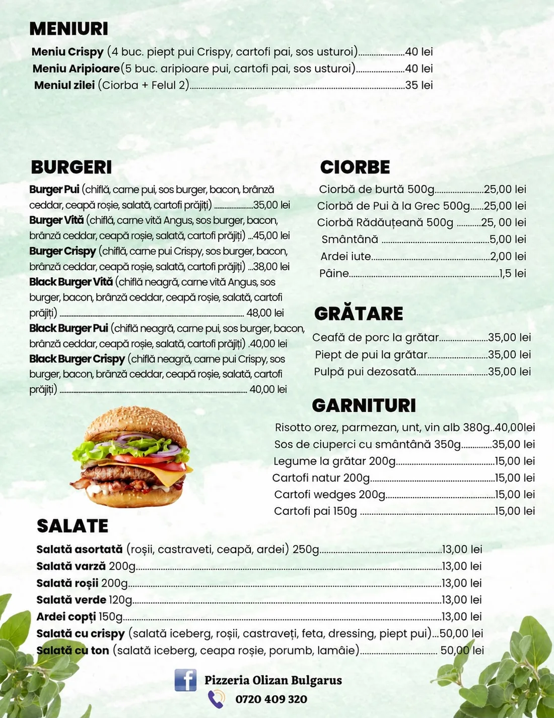 Fotografie a paginii de meniu cu meniuri, burgeri, ciorbe, grătare, garnituri și salate