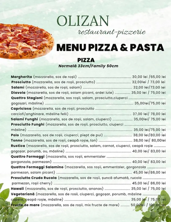 Fotografie a paginii de meniu cu pizza și paste